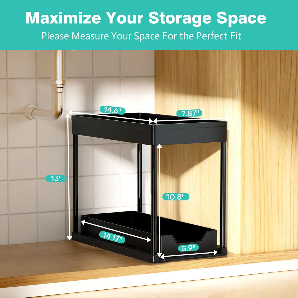 APWNRJA pull-out under-sink drawer for effortless access to cleaners and soaps.