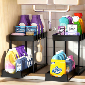 APWNRJA under-sink organizer bottom-drawer keeps bottles within easy reach and visible.