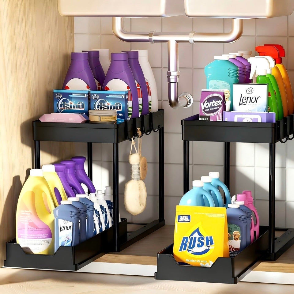 APWNRJA under-sink organizer bottom-drawer keeps bottles within easy reach and visible.