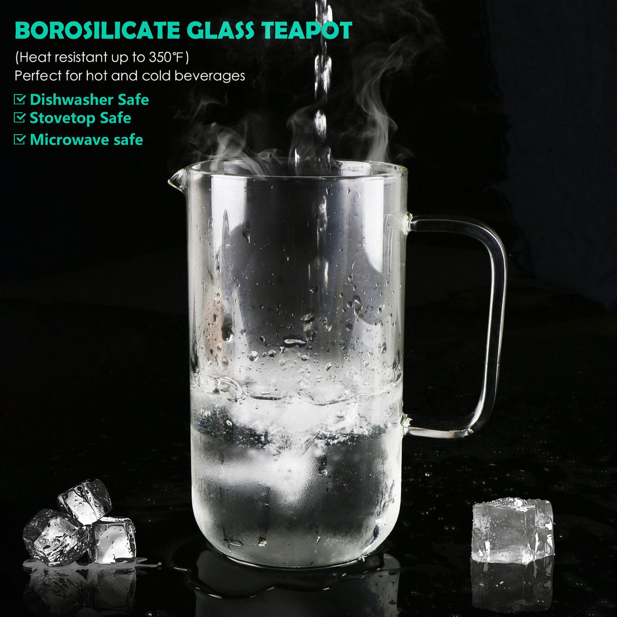 Aquach borosilicate glass teapot on stovetop, showcasing heat resistance.