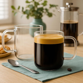 Aquach glass mug 16oz clear body view highlighting high clarity for tea or coffee.