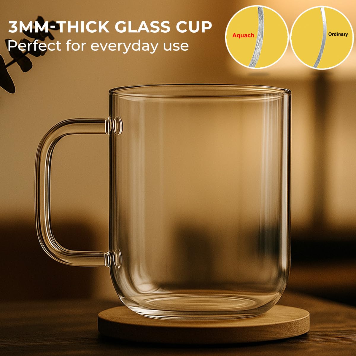 Aquach glass mug 16oz flat base for stable placement on surfaces.