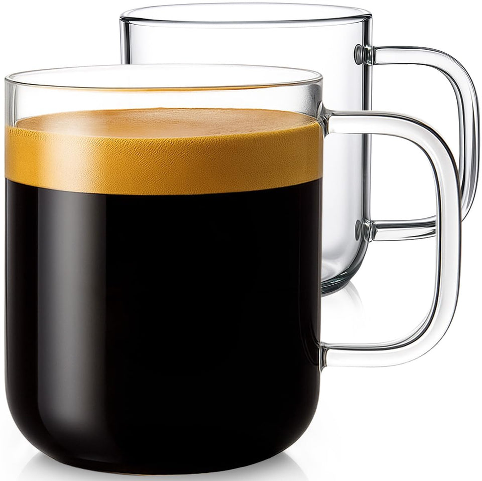 Aquach glass mug 16oz handle closeup, sturdy borosilicate for hot drinks and easy grip.
