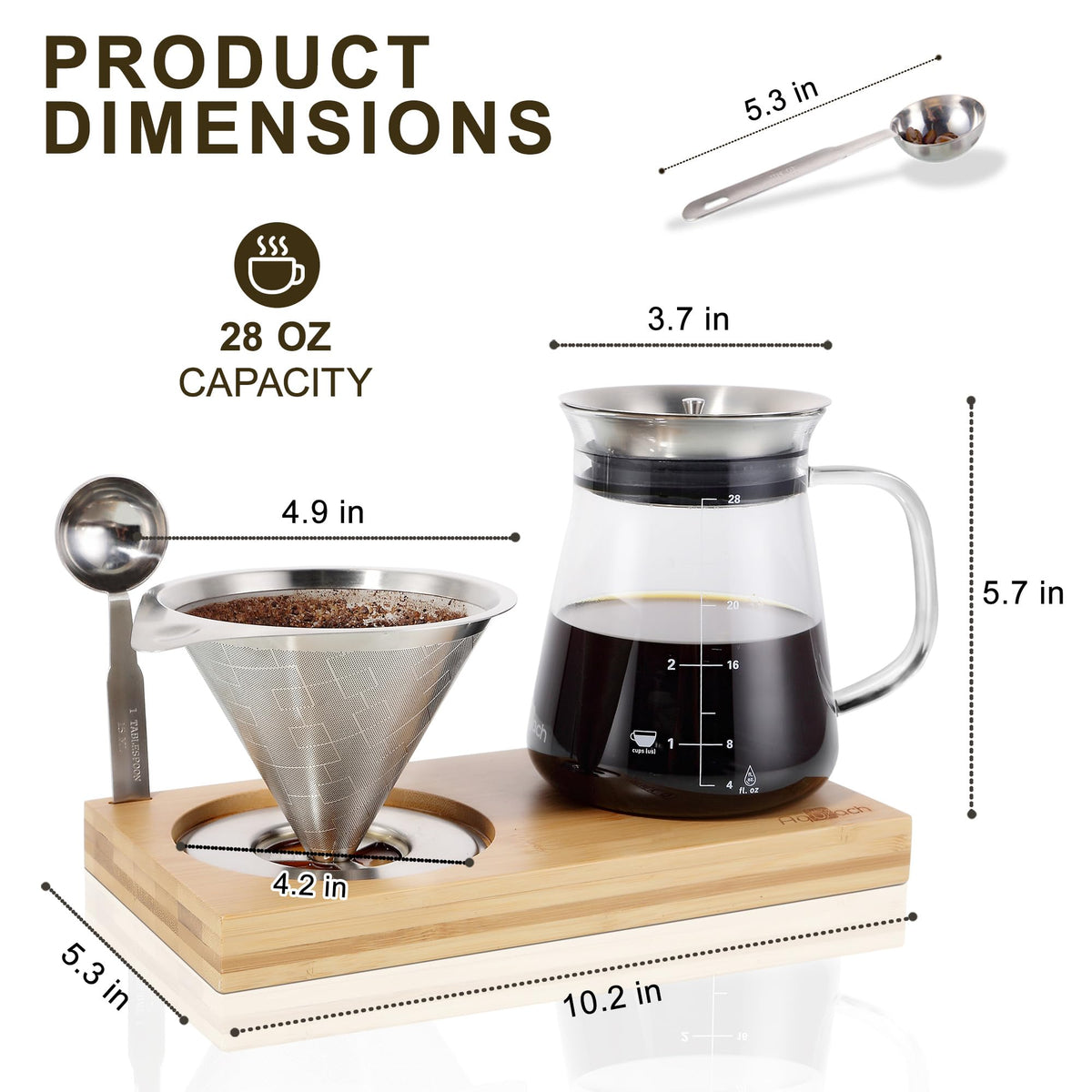 Aquach stainless steel coffee scoop for precise ground measurement.