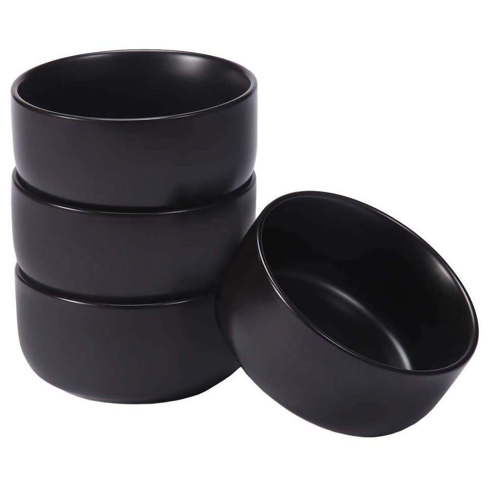 Aquiver 10oz ceramic bowls in black matte, front view, perfect for desserts and small servings.