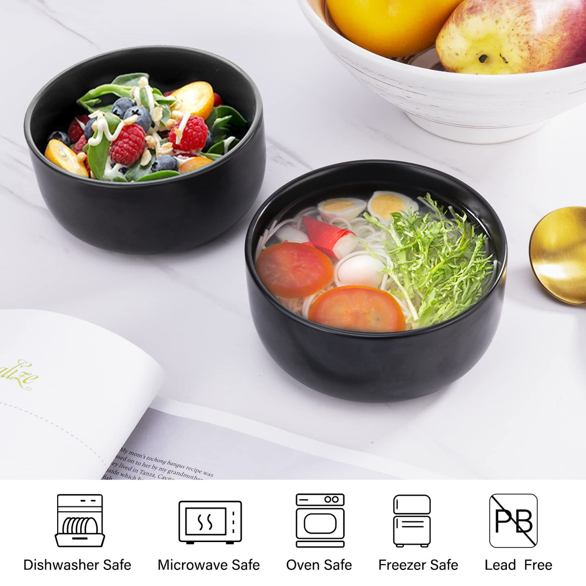 Aquiver 10oz bowls in black matte stacked, space-saving design for storage.