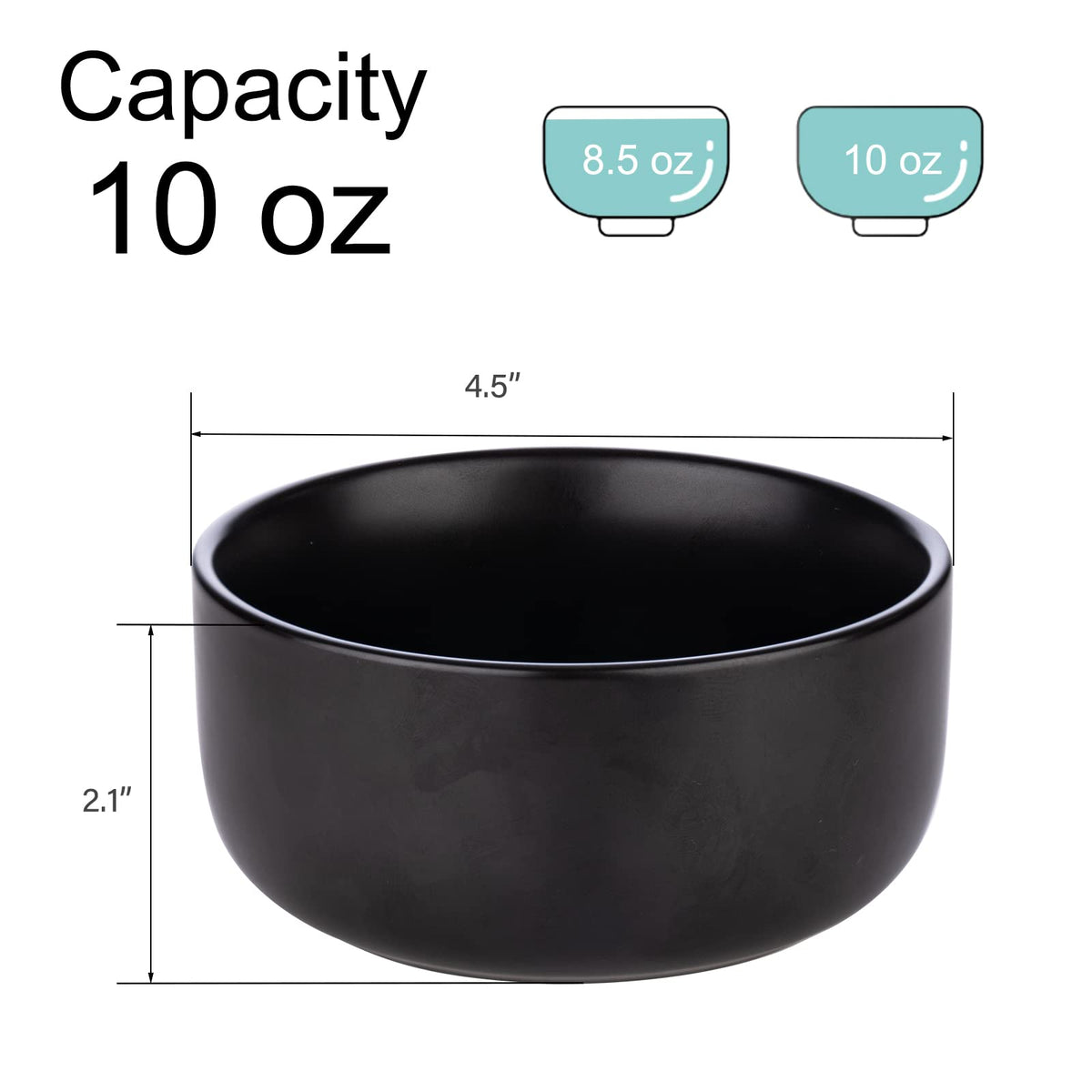 Aquiver 10oz ceramic bowls in black matte, top view, showcasing compact size for snacks.