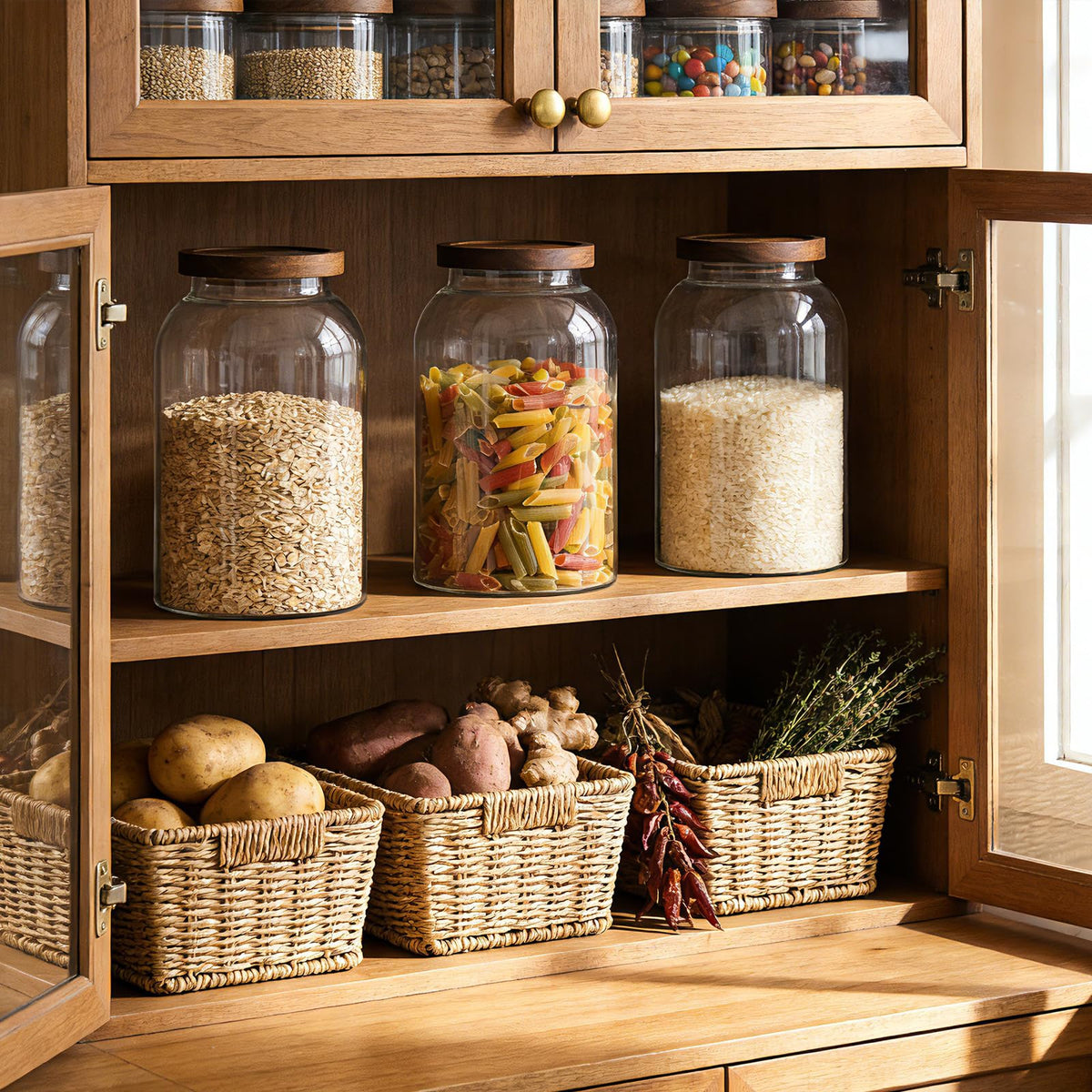 Aqziill pantry display with labeled jars enhances kitchen aesthetics and efficiency