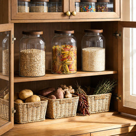 Aqziill pantry display with labeled jars enhances kitchen aesthetics and efficiency