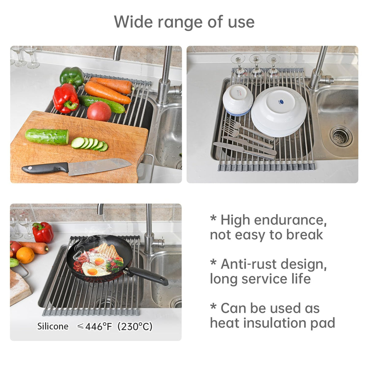 ARAINY high-load capacity roll-up rack supports heavy pots and pans.