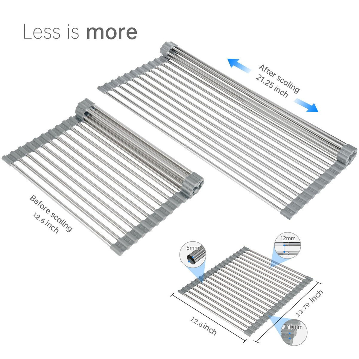 ARAINY telescopic roll-up drying rack extended length shows versatility for larger dishes.