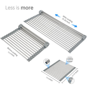 ARAINY telescopic roll-up drying rack extended length shows versatility for larger dishes.