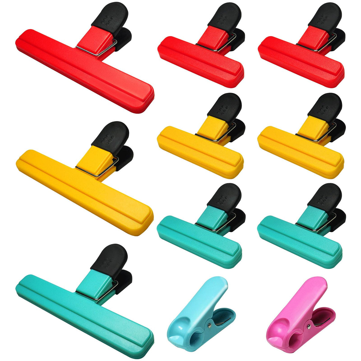 Aranray 11-pack red large chip clips create airtight seals for snack bags.