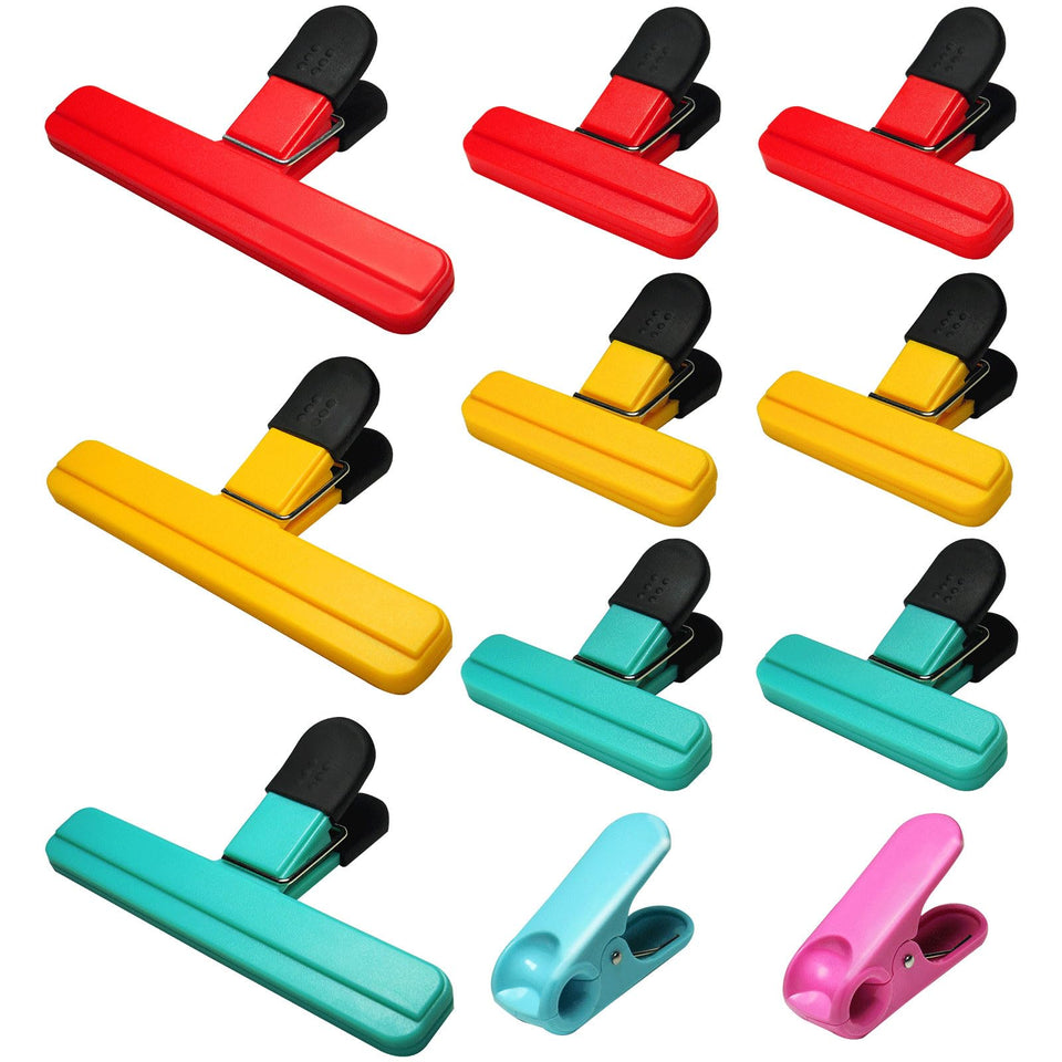 Aranray 11-pack red large chip clips create airtight seals for snack bags.