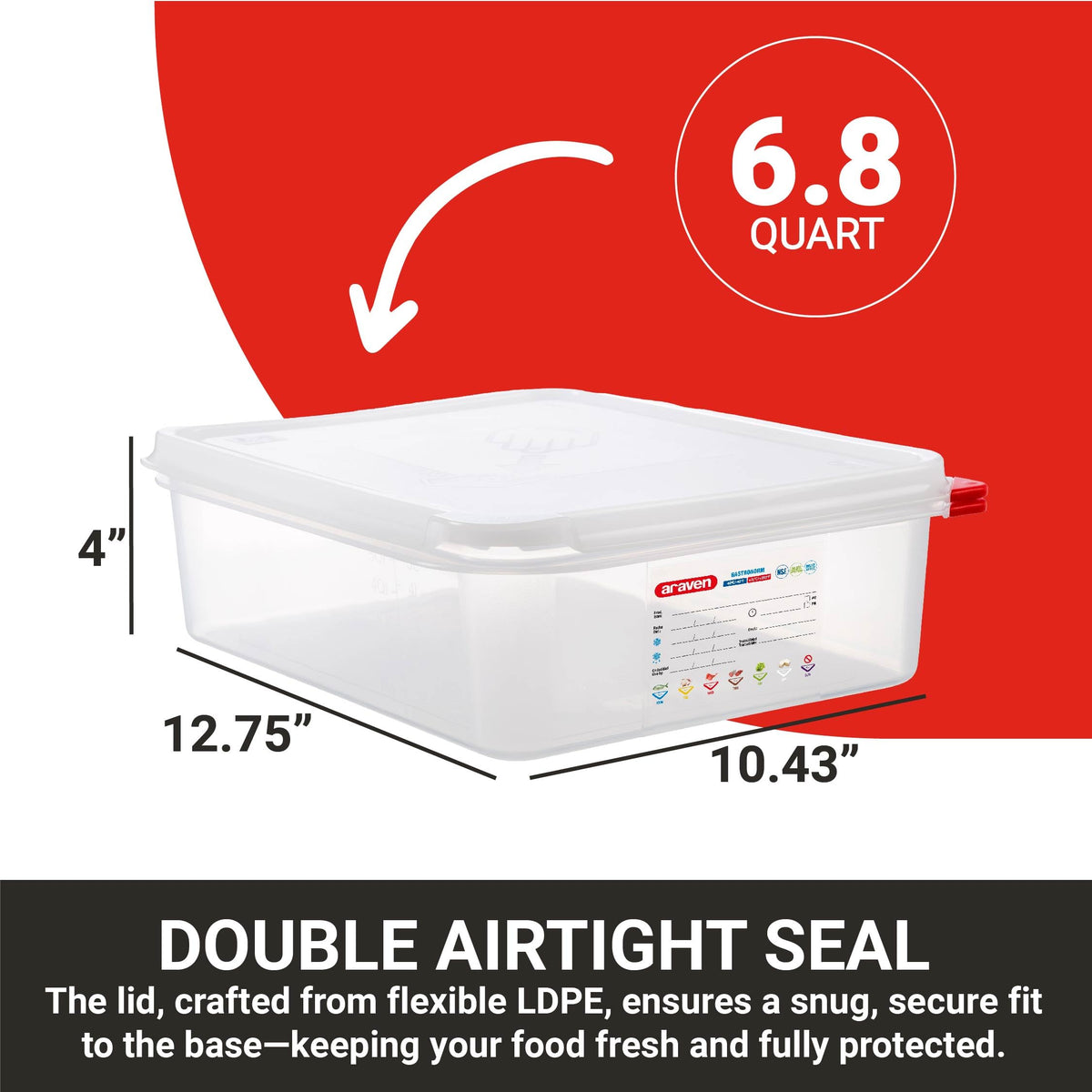 Araven container shows molded measuring scale for accurate portion control.