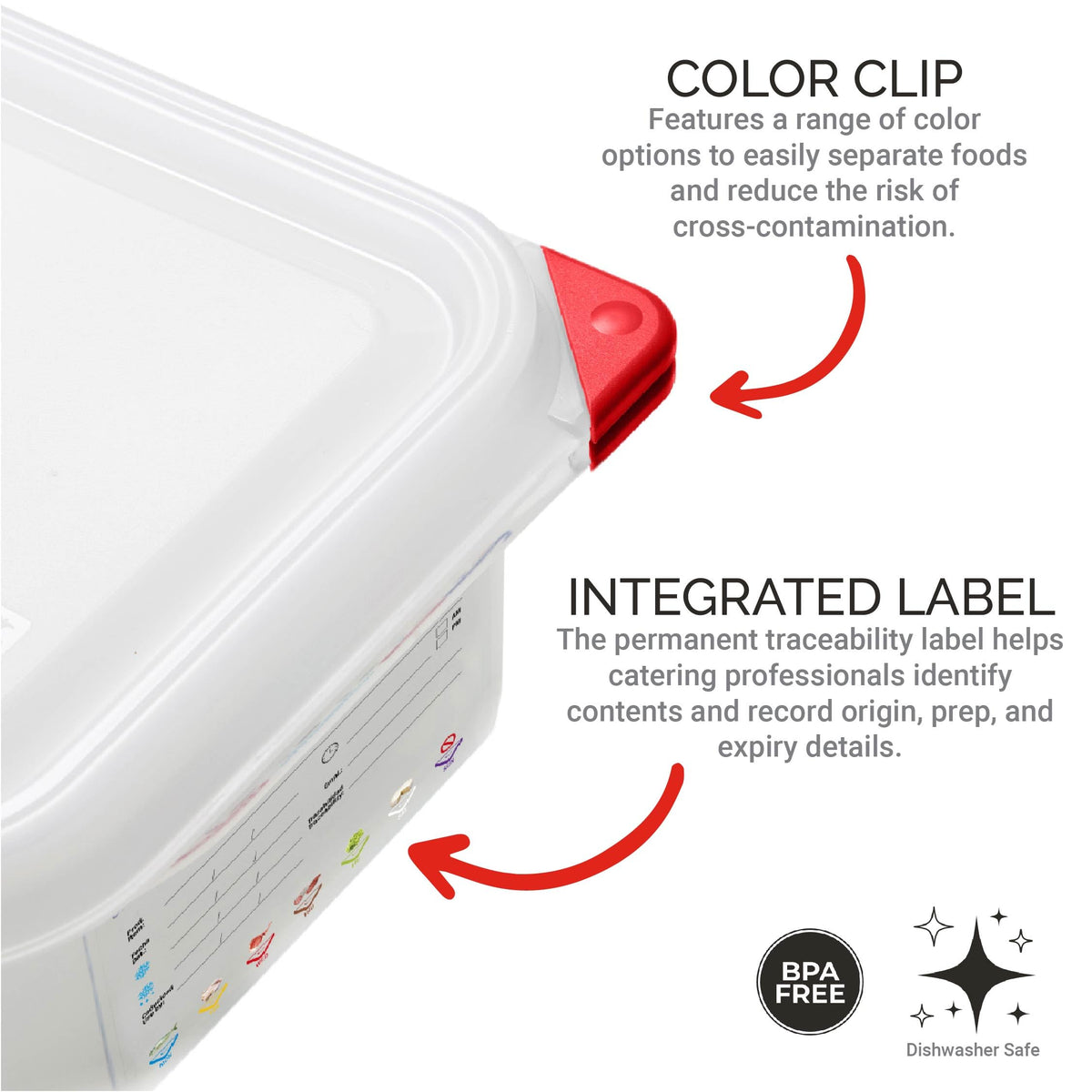 Araven integrated label helps staff identify contents and dates quickly.