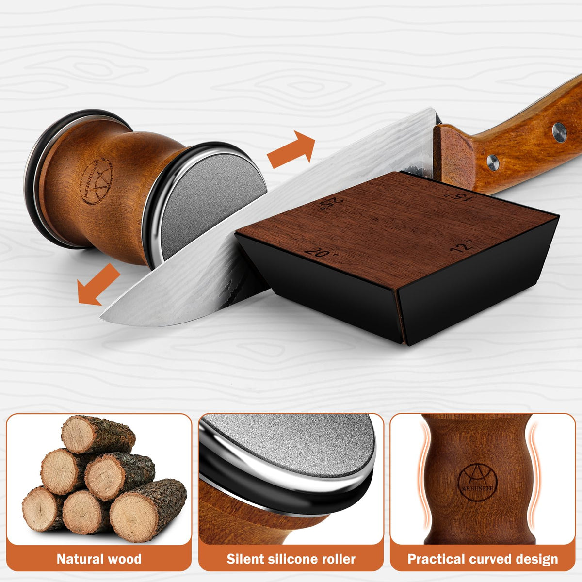Arbenefe rolling knife sharpener base at 25° supports robust cuts
