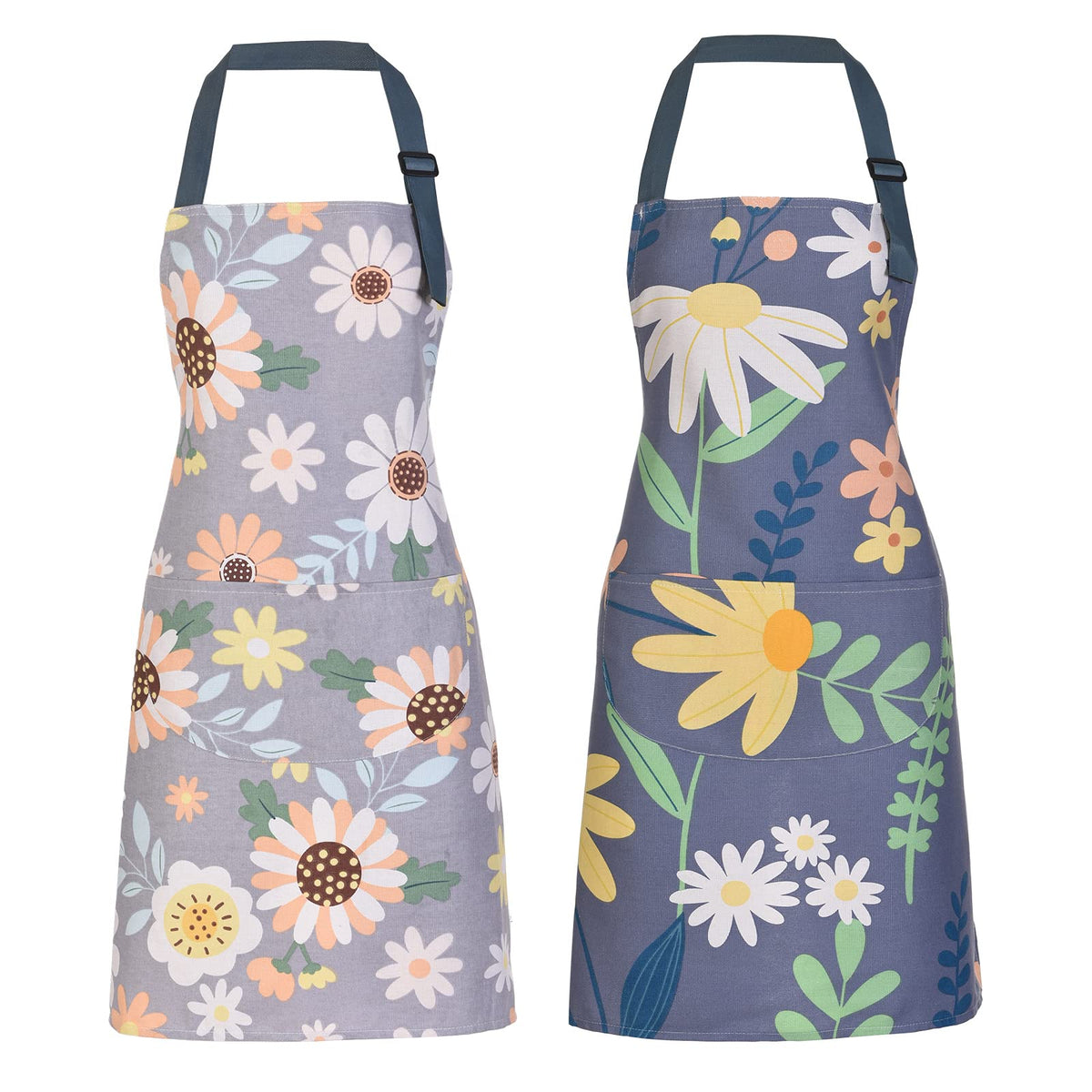 ARBINSON floral apron close-up: soft cotton texture with green leaves for durable comfort.
