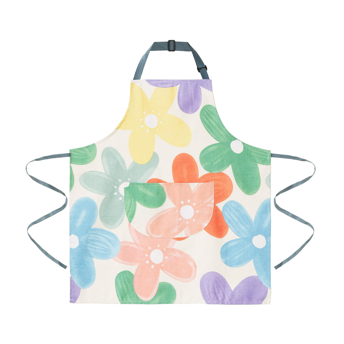 ARBINSON floral apron back view showing adjustable strap and waist belt.