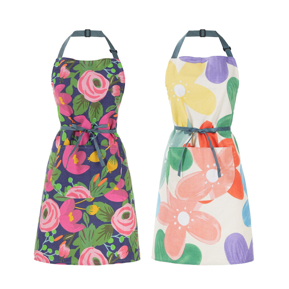 ARBINSON floral apron in red peony, front view for cooking and hosting.