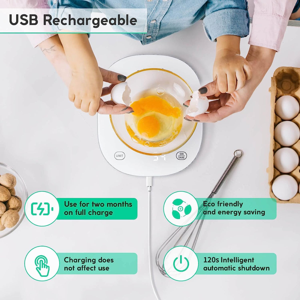 Arboleaf scale on counter with clear display to track calories and macros