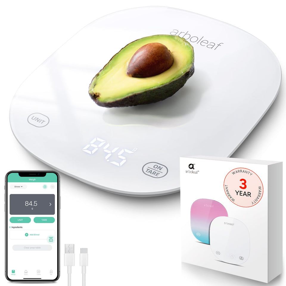 Arboleaf Smart Food Scale front view showing nutrition data for meal planning