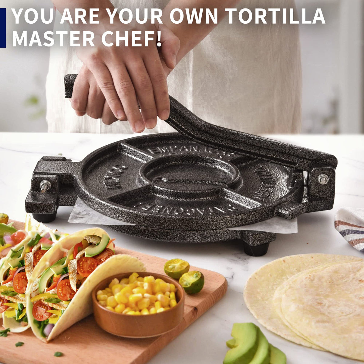 ARC Tortilla Press non-slip feet stabilize pressing on any kitchen counter