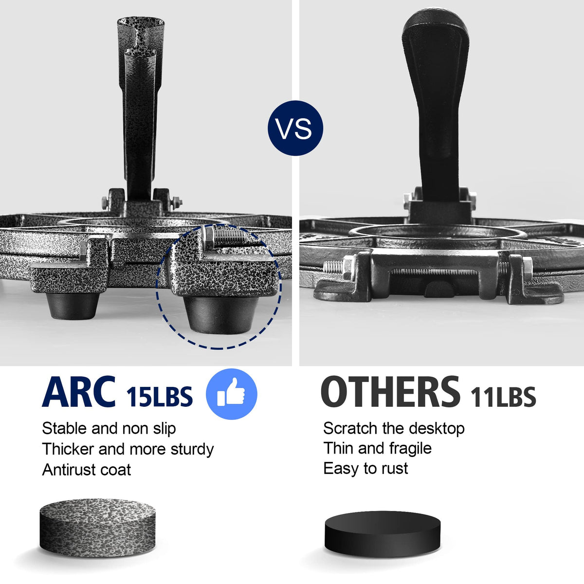 ARC Tortilla Press reinforced handle design adds strength for repeated, easy pressing