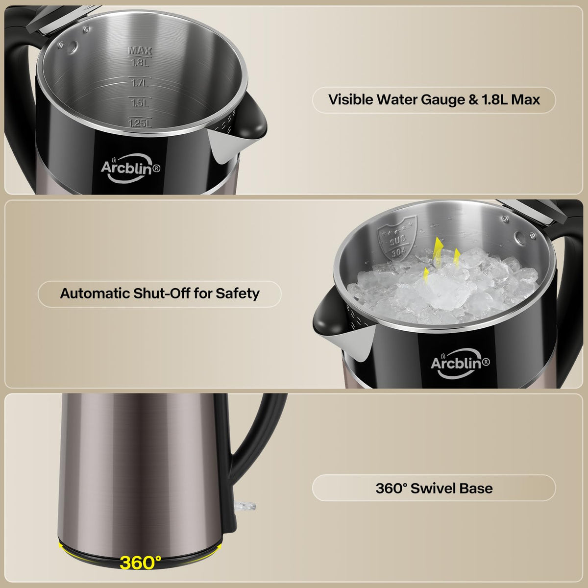 Arcblin kettle features auto shut-off and boil-dry protection for safety