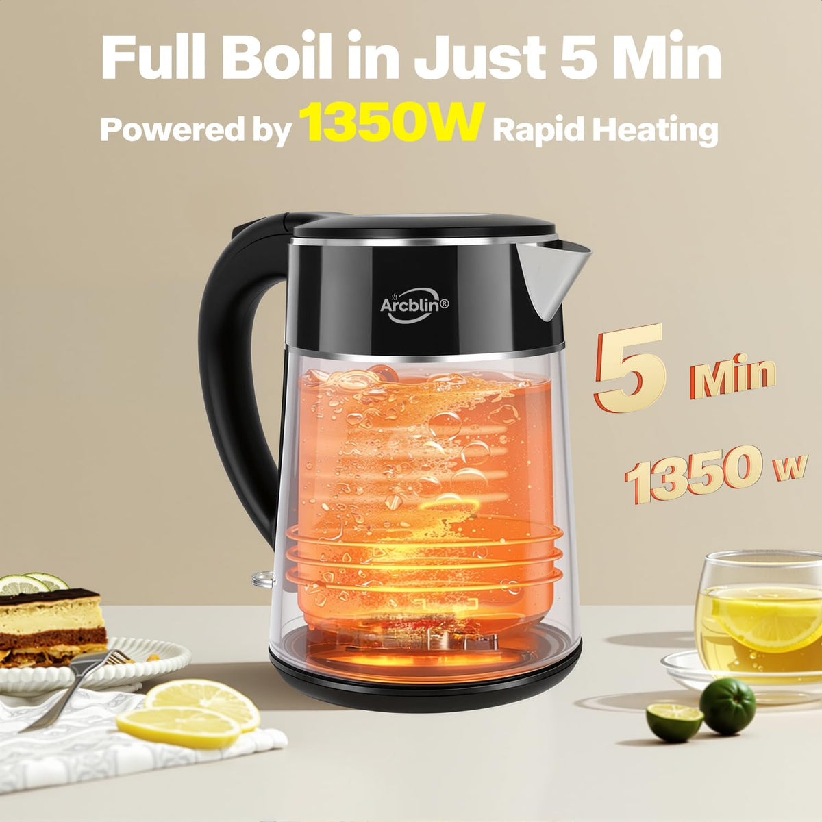Arcblin kettle boils quickly at 1350W for tea or coffee moments