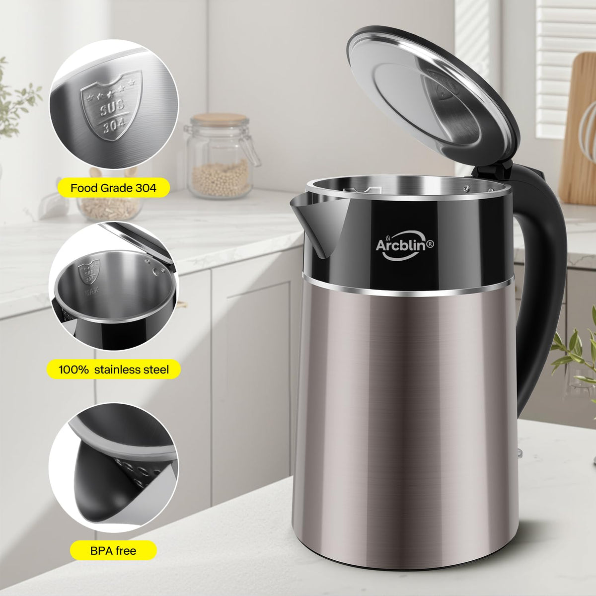 Arcblin kettle interior stainless steel ensures plastic-free water contact