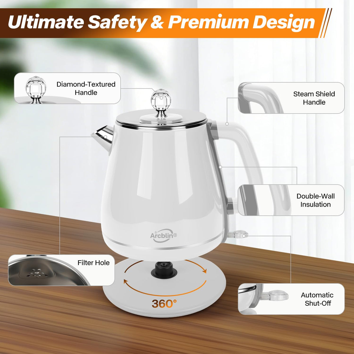 Arcblin Retro Electric Kettle 360-degree base for easy cordless pouring.