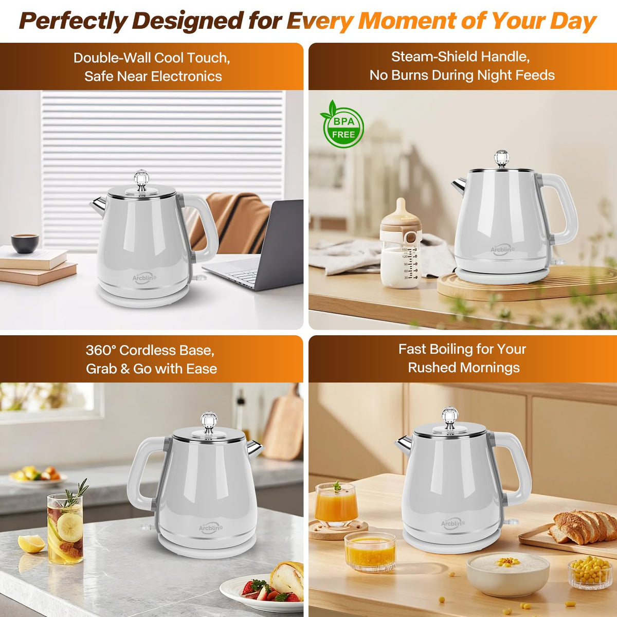 Arcblin Retro Electric Kettle boiling water with visible steam.