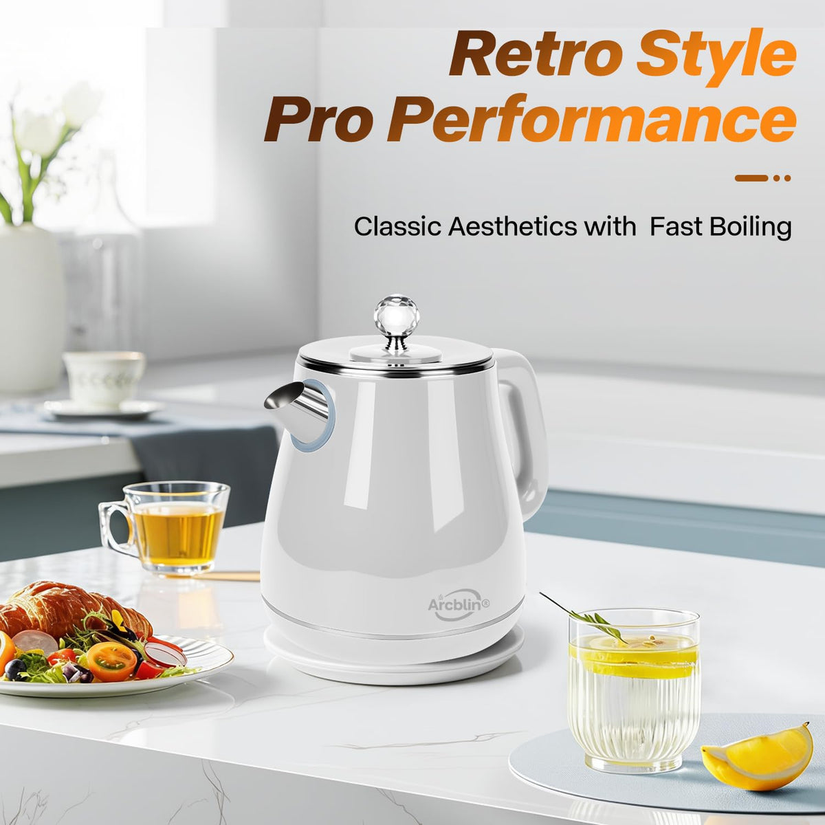 Arcblin Retro Electric Kettle with diamond handle for stylish, ergonomic pouring.