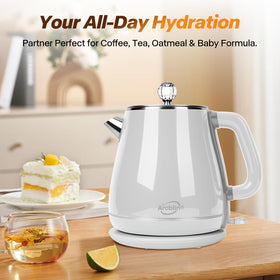 Arcblin Retro Electric Kettle in a modern kitchen setup showcasing design and safety.