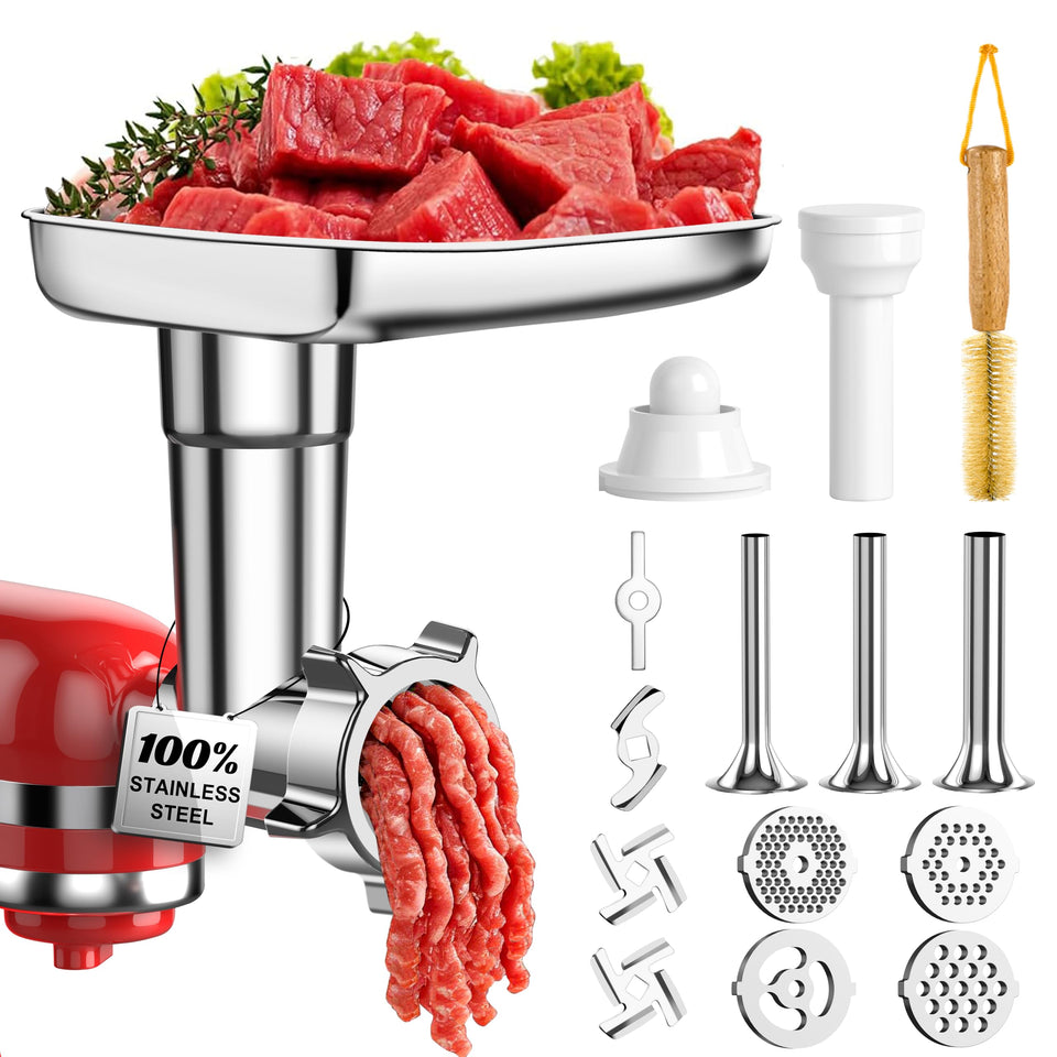 Arcbt meat grinder attachment for KitchenAid mixer with polished stainless steel surface