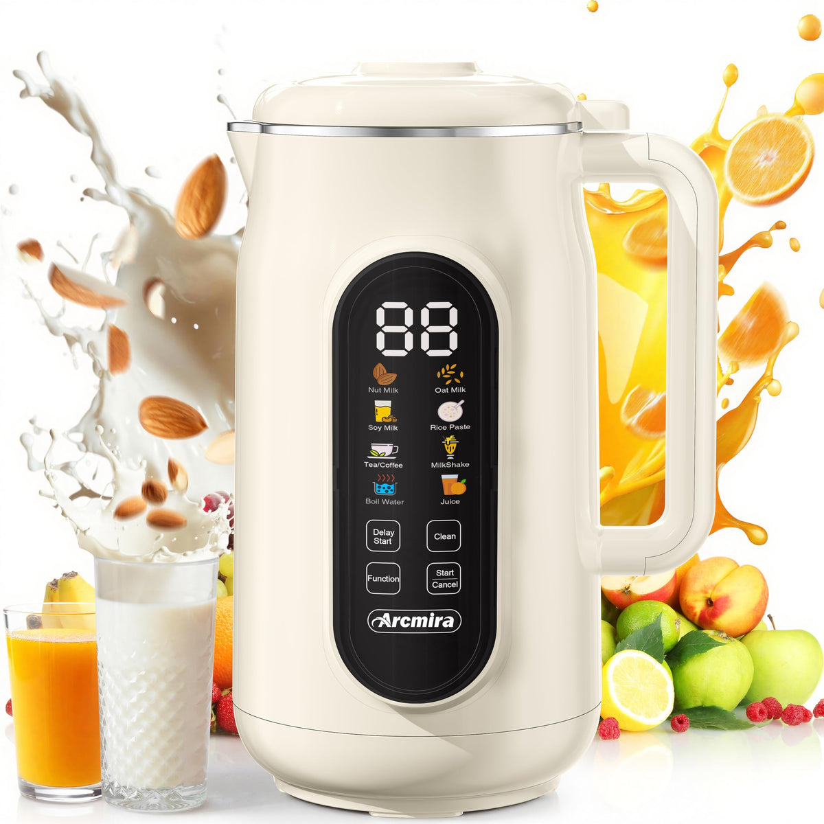 Arcmira 10 in 1 milk maker front view with LED panel for easy plant milk prep at home