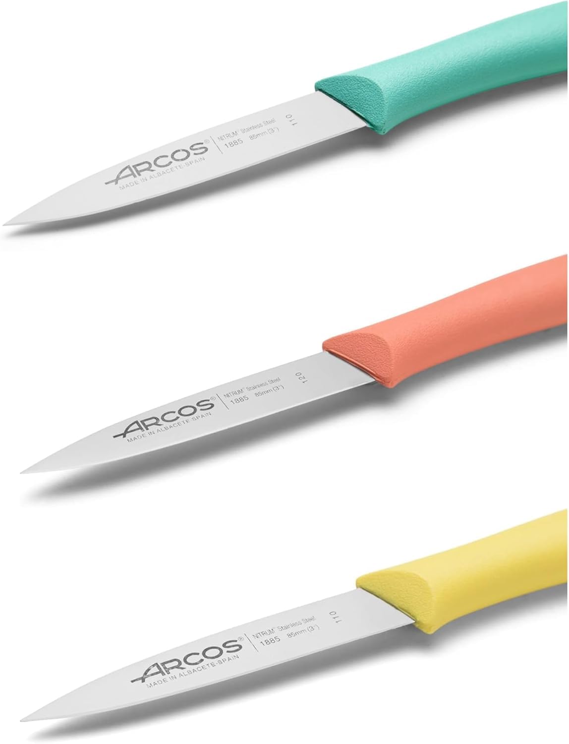 Arcos Nova paring knife with blue handle supporting safe, accurate trimming of fruits and vegetables.