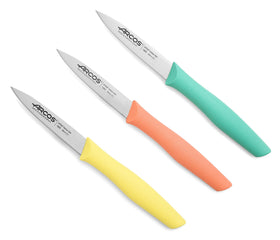 Arcos Nova paring knife with orange handle showing ergonomic grip for precise peeling.
