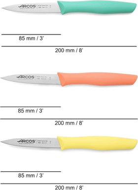 Arcos Nova paring knife with yellow handle offering comfortable control for prep tasks.