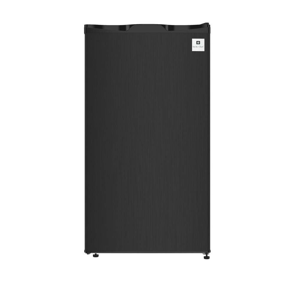 ARCTIC CHEF ACFR335 compact fridge front view with space saving black stainless finish