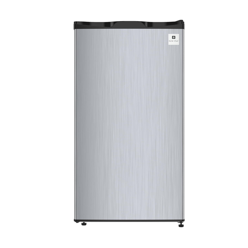 ARCTIC CHEF mini fridge front view in platinum stainless suitable for dorms and offices