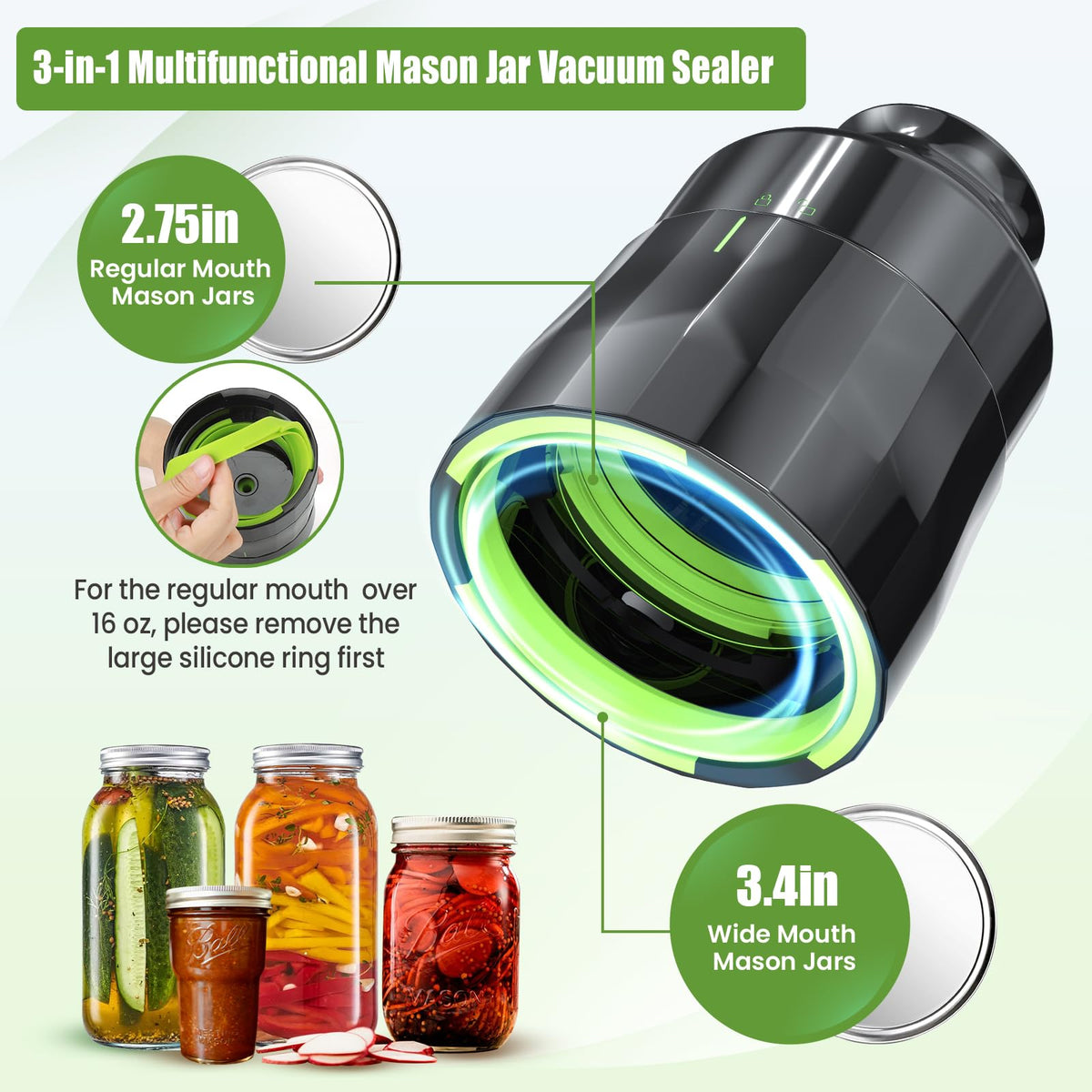 Arctiiro 3-in-1 sealer supports wide and regular mason jars for versatile sealing.
