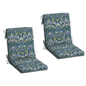 Arden Selections Sapphire Aurora Blue Damask chair cushion enhances outdoor dining style