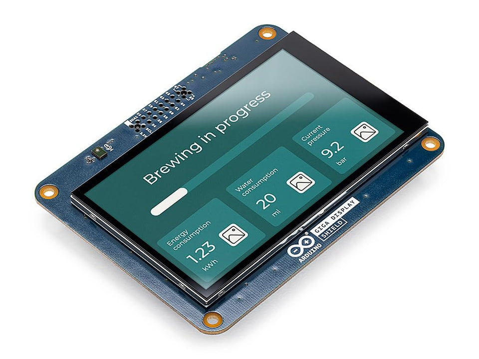 Arduino GIGA Display Shield front view with vivid touchscreen for quick setup.