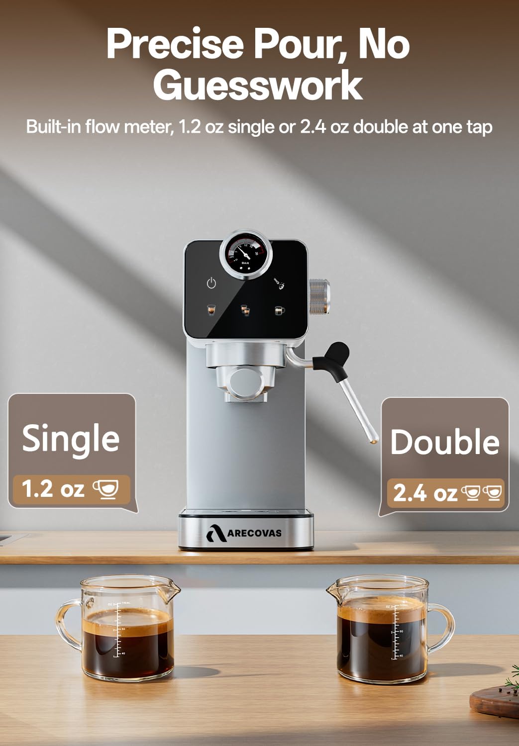 Arecovas espresso machine digital touchscreen control for easy settings