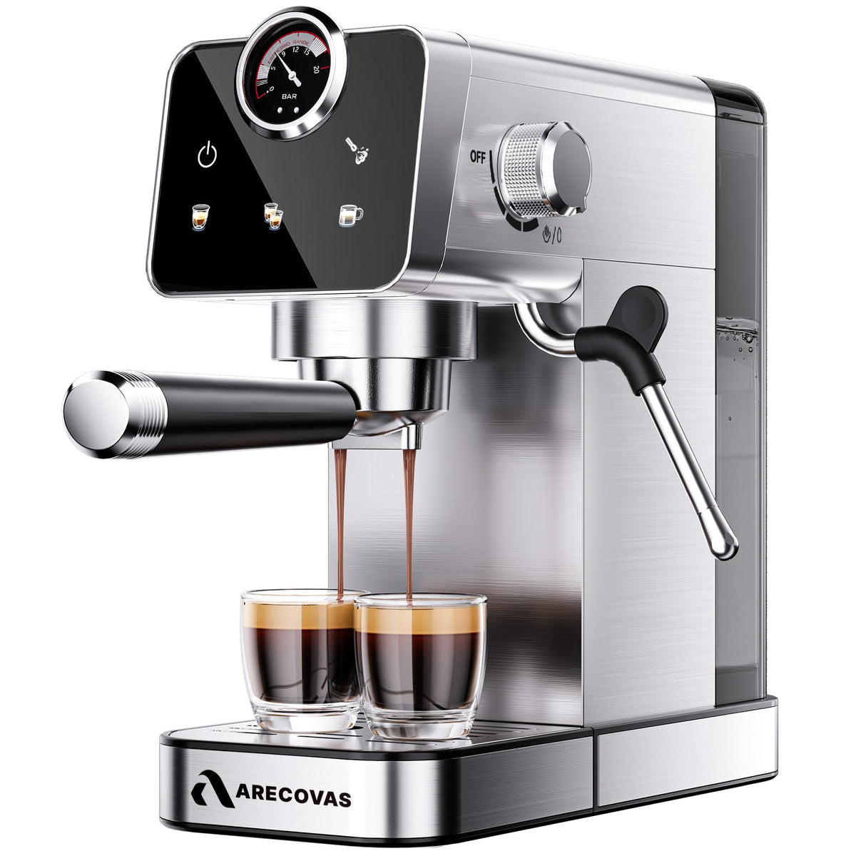 Arecovas espresso machine front view for cafe-style home brewing