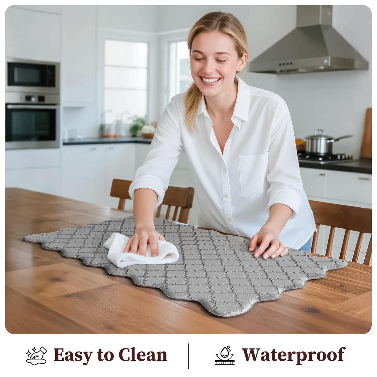 Arenarug gray two-piece mat set complements any kitchen color scheme.
