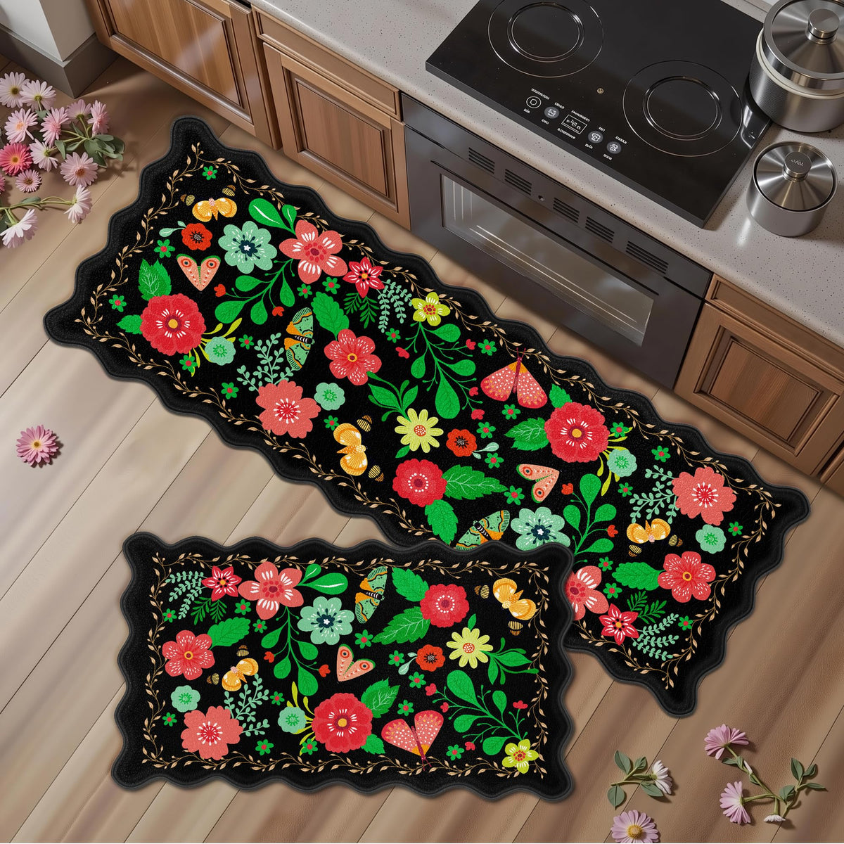 Arenarug scalloped black kitchen mat edge detail for decor and comfort.