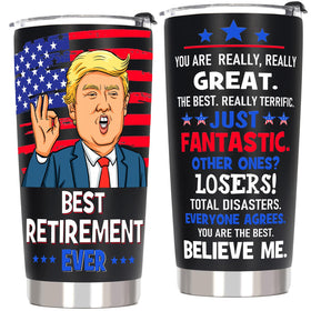 AREOK best retirement tumbler design shown, a humorous and practical gift.